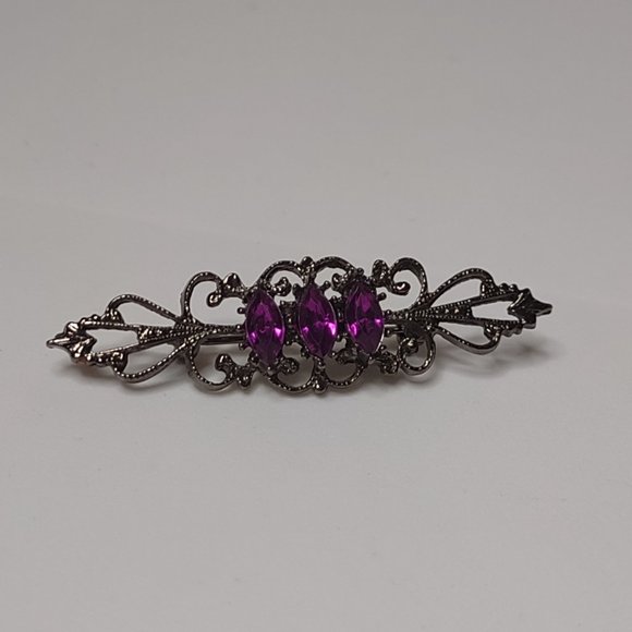 Cool Little Dark Brooch With Purple Plastic Stones - Picture 2 of 8